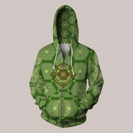 Front - Elven Geometric Green Hoodie with Mushroom Portal Visionary Art by Samuel Farrand