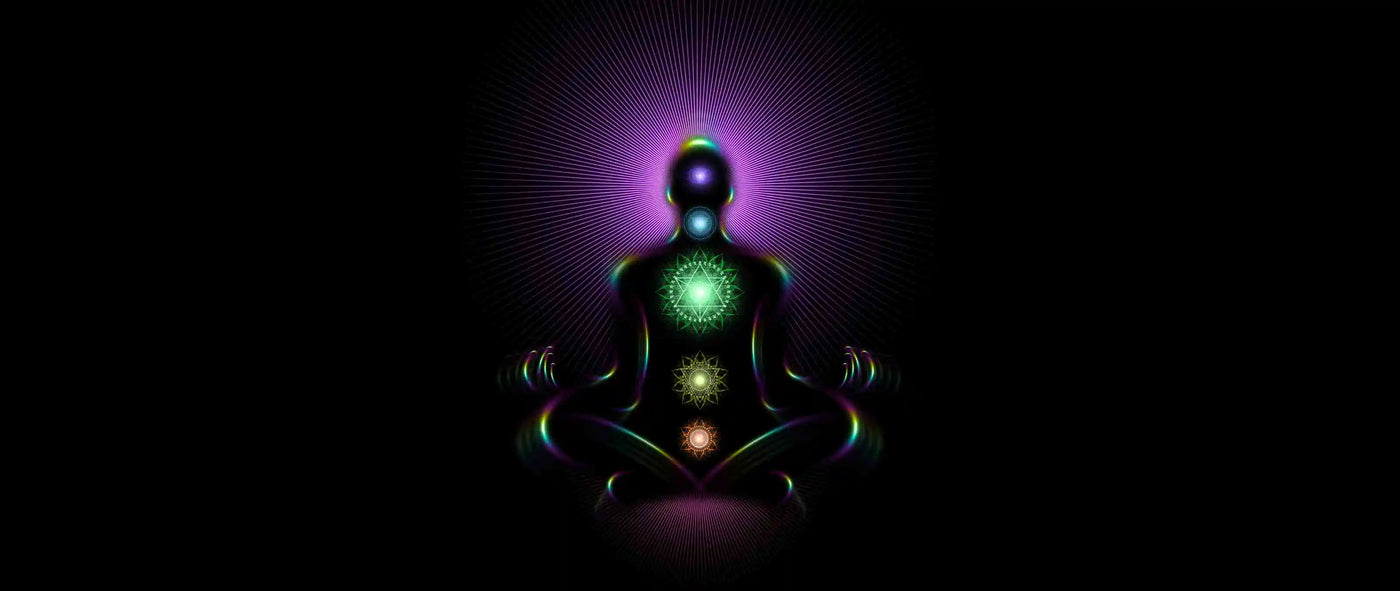 Art of Human Being Meditating with all their Chakras Opened up with Rainbow Light