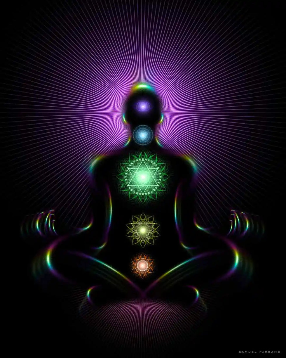 Art of Human Being Meditating with all their Chakras Opened up with Rainbow Light