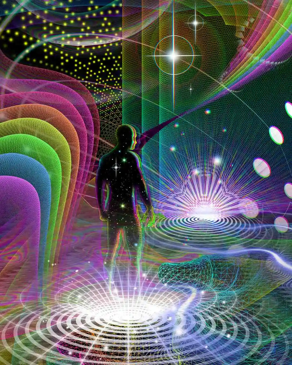 Psychedelic Art depicting a Human being observing Light over the Horizon symbolizing a New Age of Human Evolution