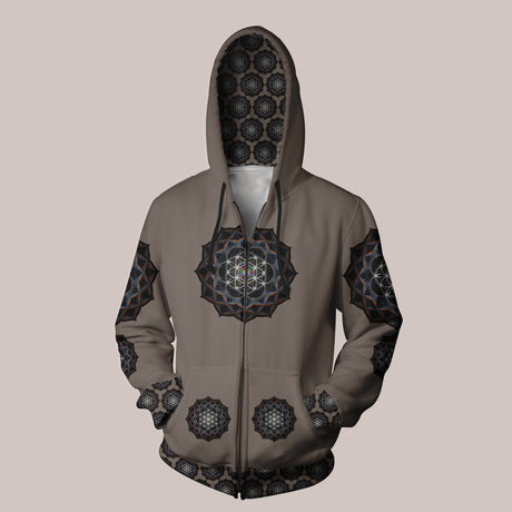 Front - Flower of Life Brown Hoodie with Mandala Psytrance Design