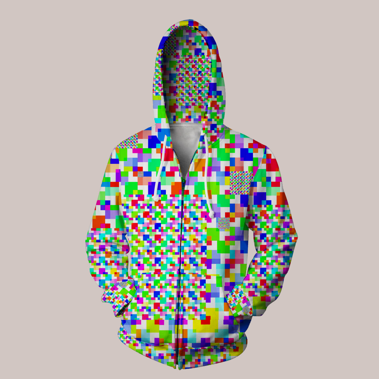 Front - Rainbow Glitch Hoodie by Sam Farrand with Geometric Pixel Art