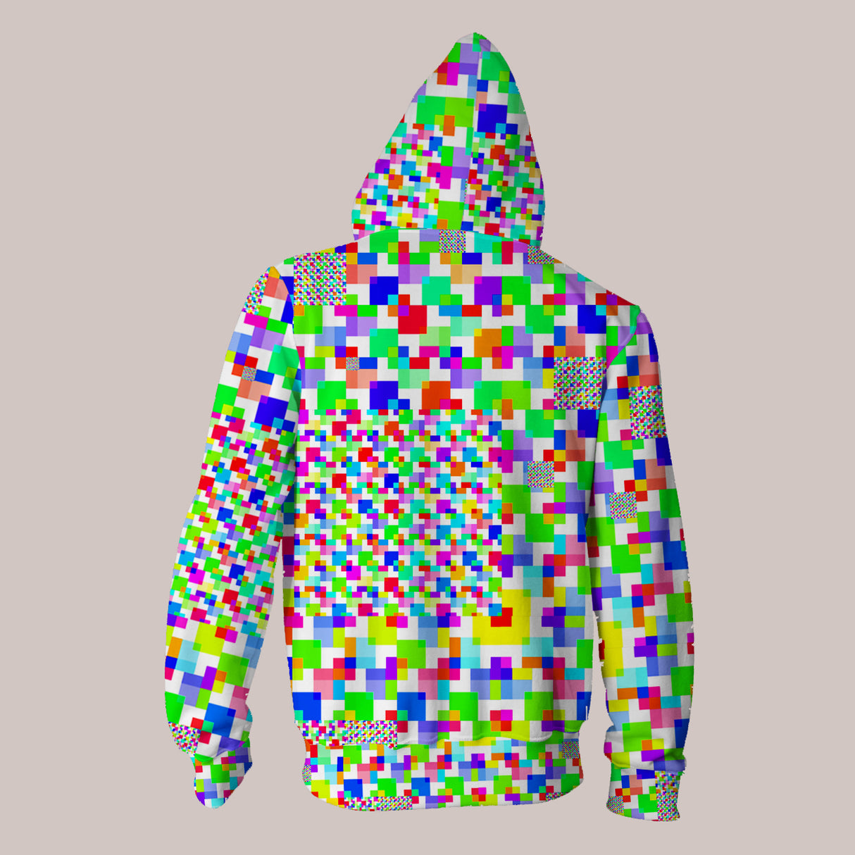 Back View - Rainbow Glitch Hoodie by Sam Farrand with Geometric Pixel Art