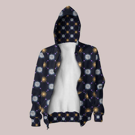 Soft fabric hoodie featuring celestial sun and moon pattern