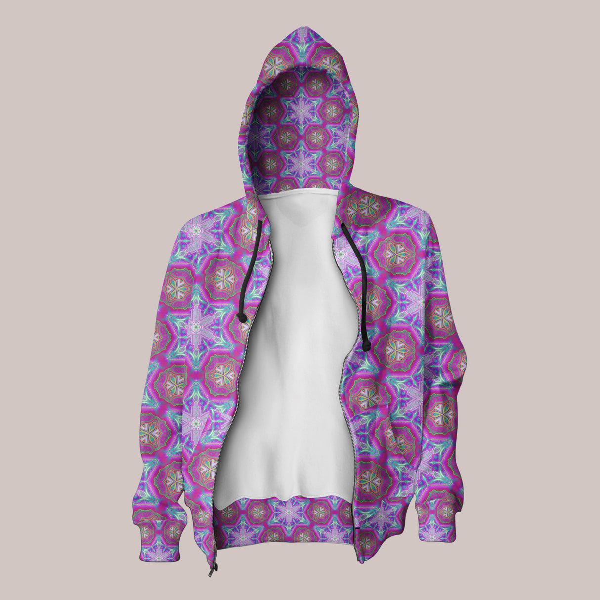 UV-reactive festival hoodie with bold electric hexagon design