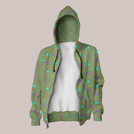 Psychedelic hoodie featuring bold optical illusion design