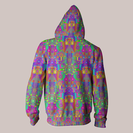 Bleep Bloop neon robot psytrance hoodie with neo-shamanic pattern