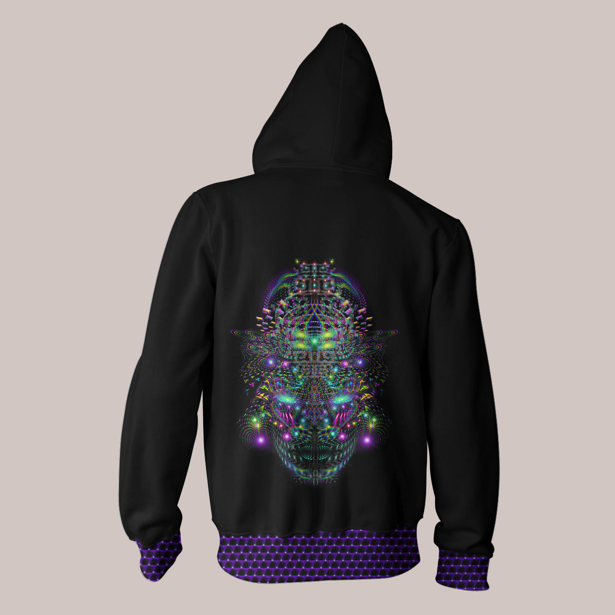 back -DMT Entity Vision Black Hoodie with Rainbow and Purple Tribal Psychedelic Design