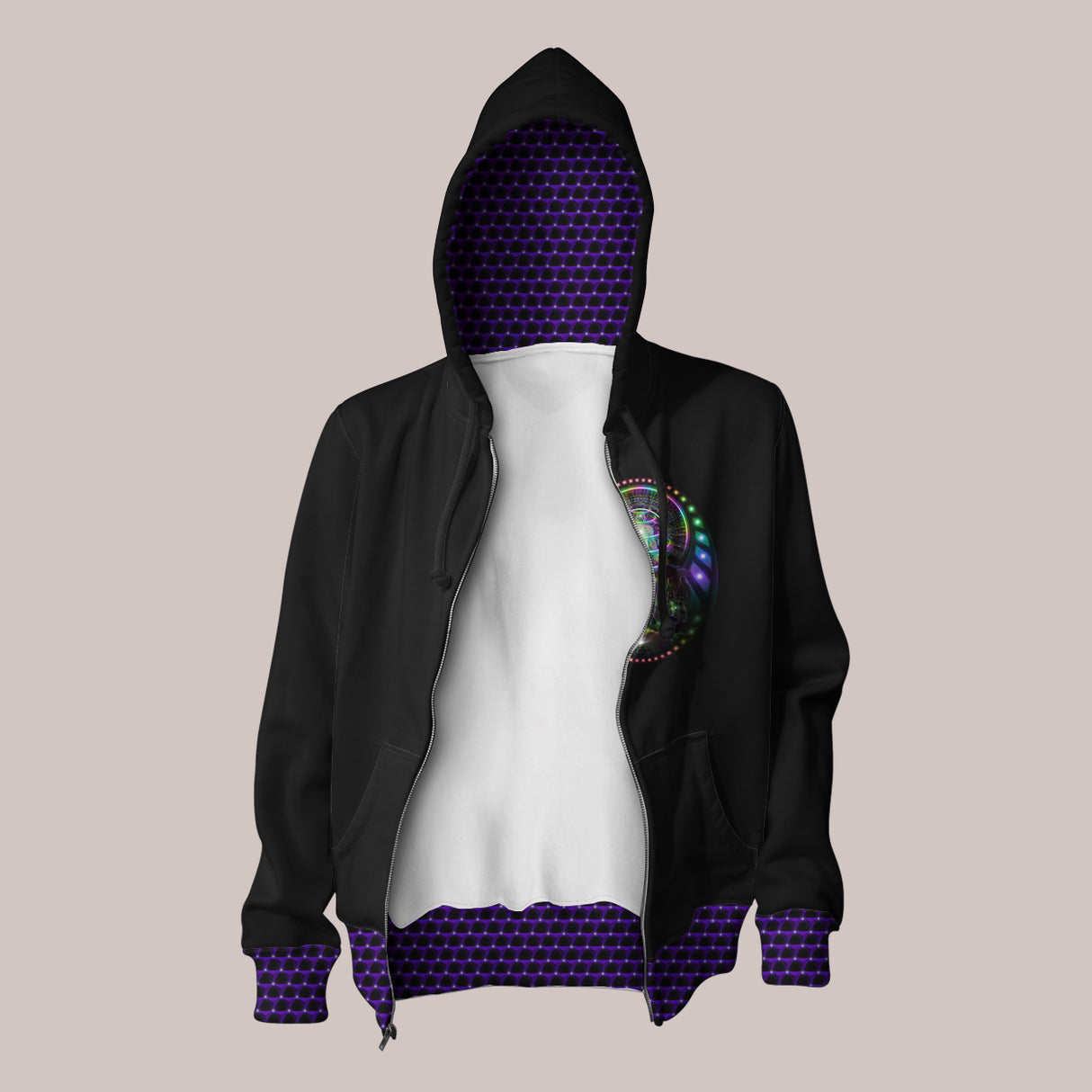 Open - Ascension Black Hoodie with Rainbow Cosmic Spiritual Design