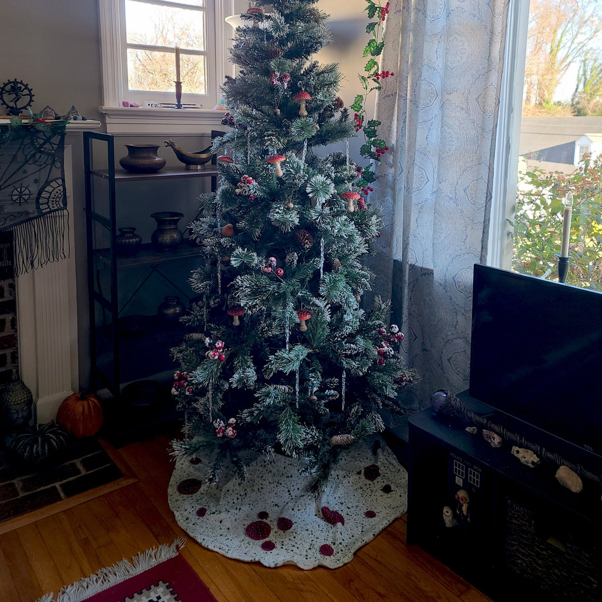 Psychedelic Christmas Tree Skirt depicting Amanita Muscaria Mushrroms - zoomed-out view