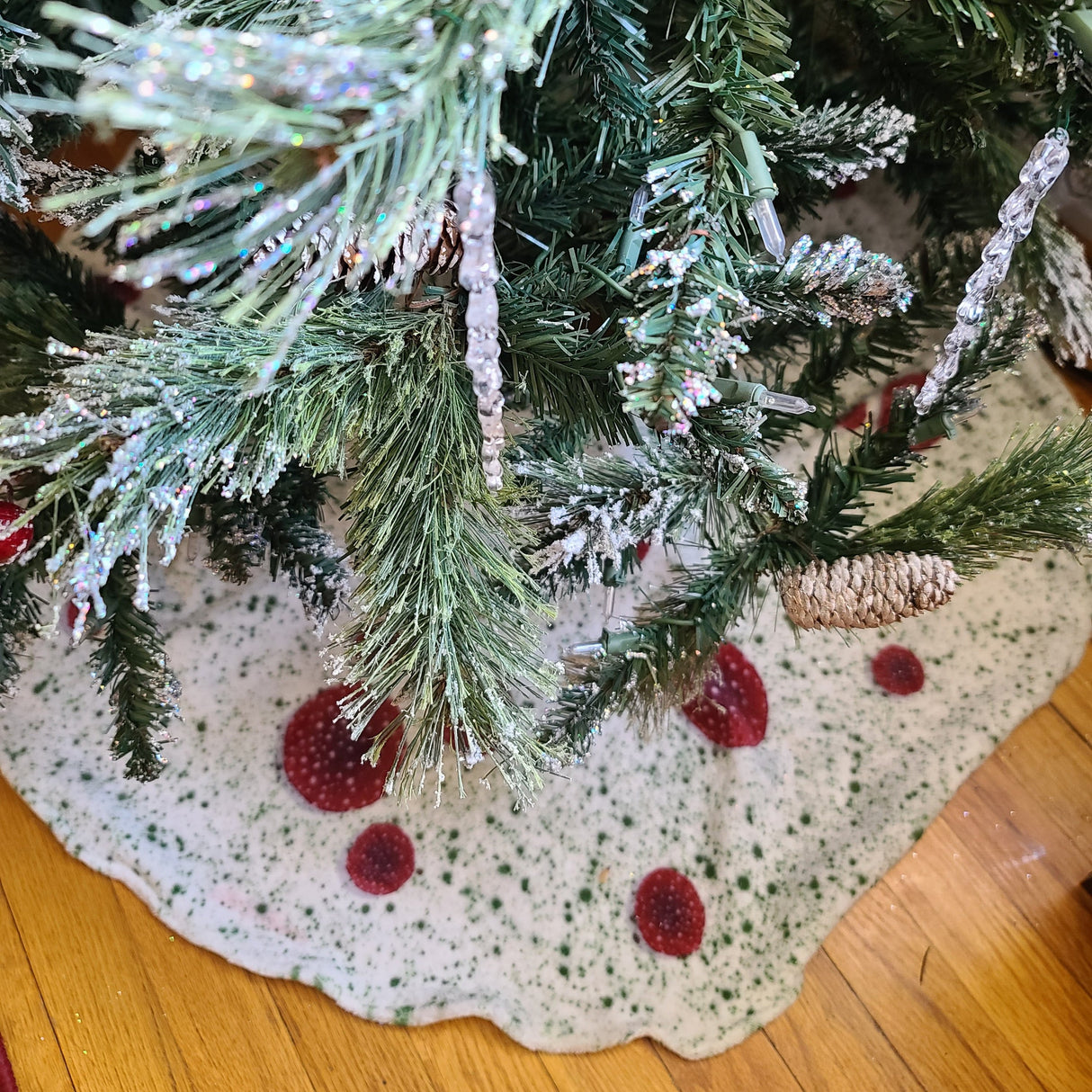 Psychedelic Christmas Tree Skirt depicting Amanita Muscaria Mushrroms - Close-Up View